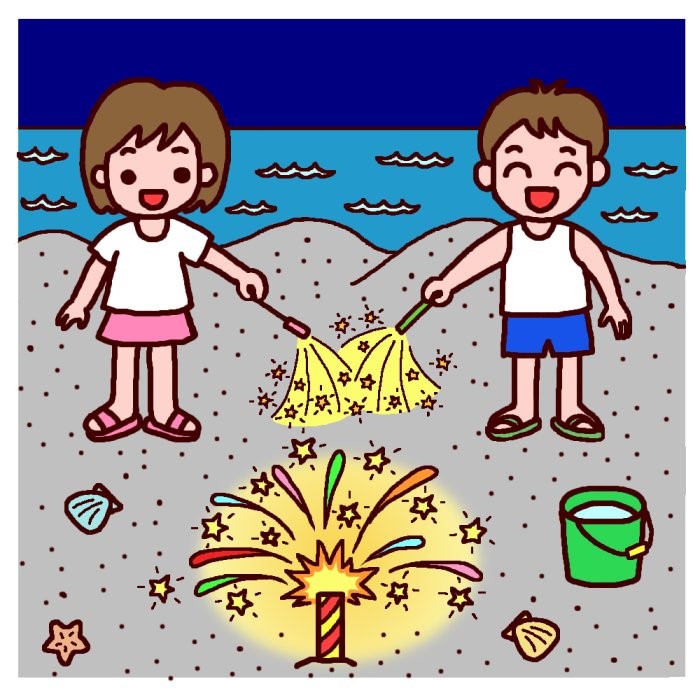 砂浜で水の入ったバケツを用意して花火を楽しむ男女の児童のイラスト
