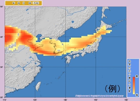 地表付近の黄砂の濃度の分布図