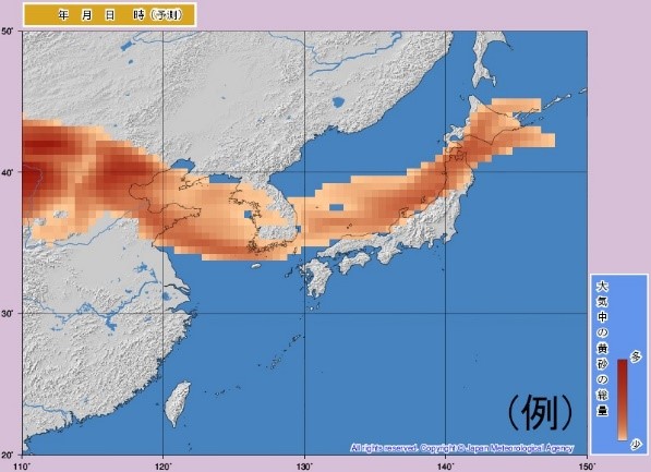 大気中の黄砂の総量の分布図