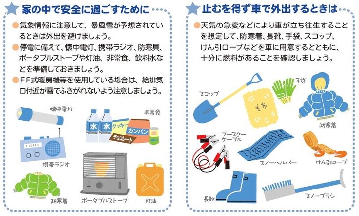 暴風雪への備えについて書かれたイラスト付きの注意文