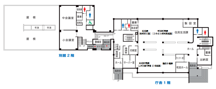 別館2階と役場庁舎1階の案内図