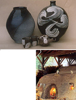 上：益子焼の作品 下：益子町の登り窯