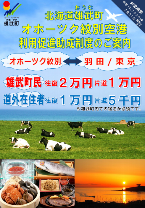 北海道雄武町オホーツク紋別空港利用促進助成制度のご案内のポスター